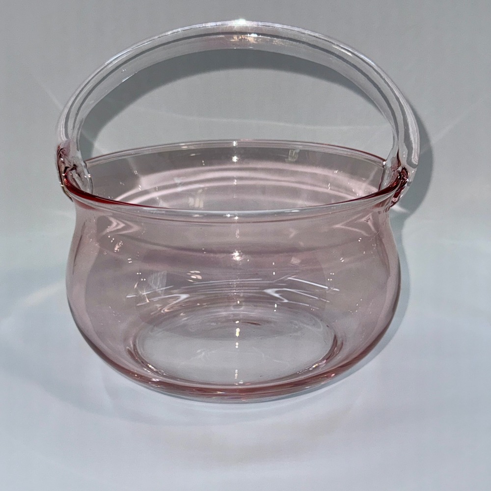 Blush Pink Hand Blown Crystal Glass Basket Vase, Tea Serving Bowl, Cottagecore - Picture 5 of 14